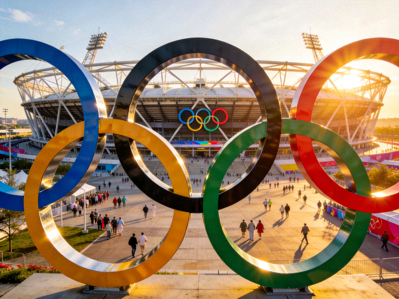 奥林匹克体育场宏大的外景与五环标志特写